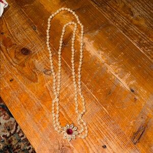 Double-Strand Pearl Necklace with Red Gem Floral Pendant